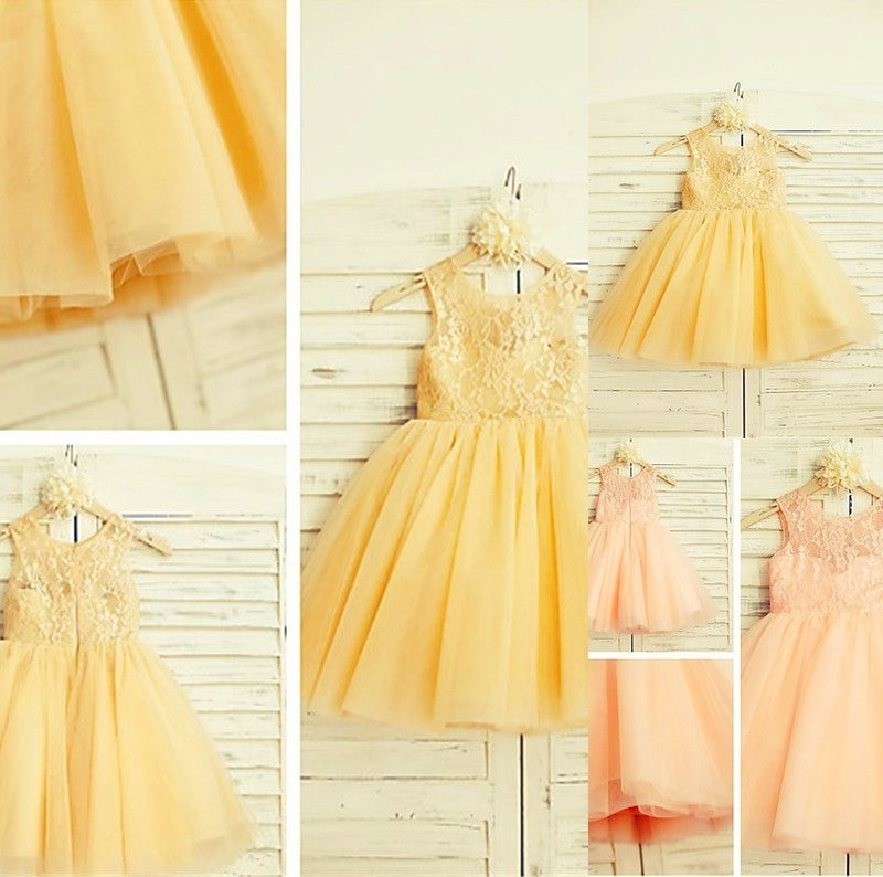 Tulle A-line/Princess Tea-Length Sleeveless Lace Scoop Flower Girl Dresses