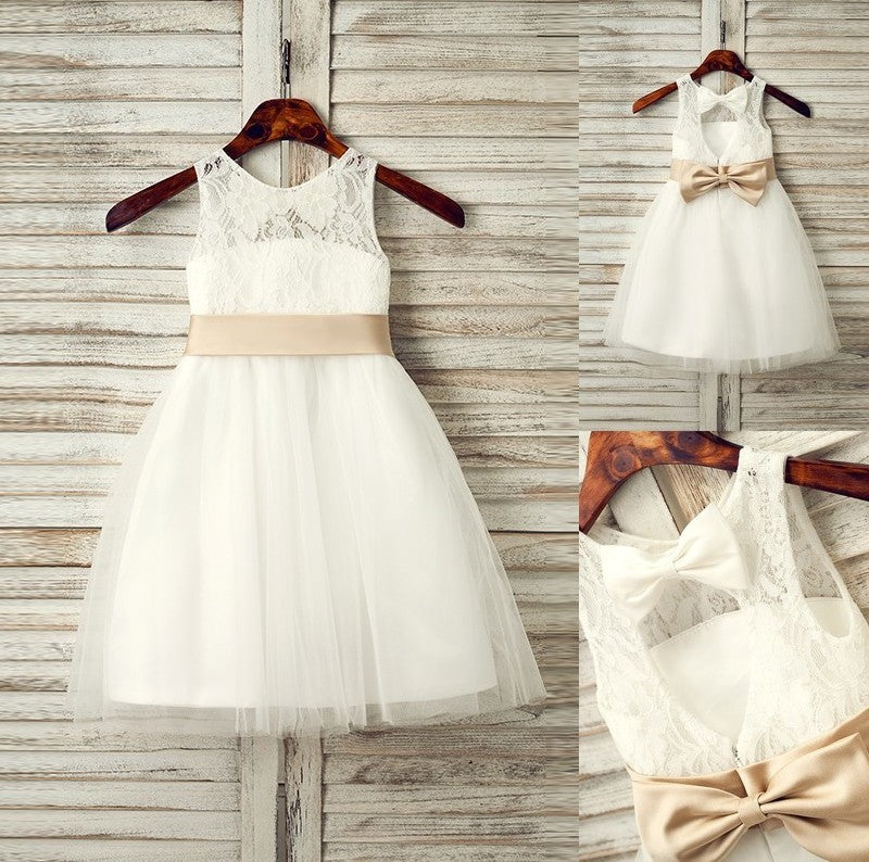 Tulle Bowknot Sleeveless A-Line/Princess Scoop Tea-Length Flower Girl Dresses