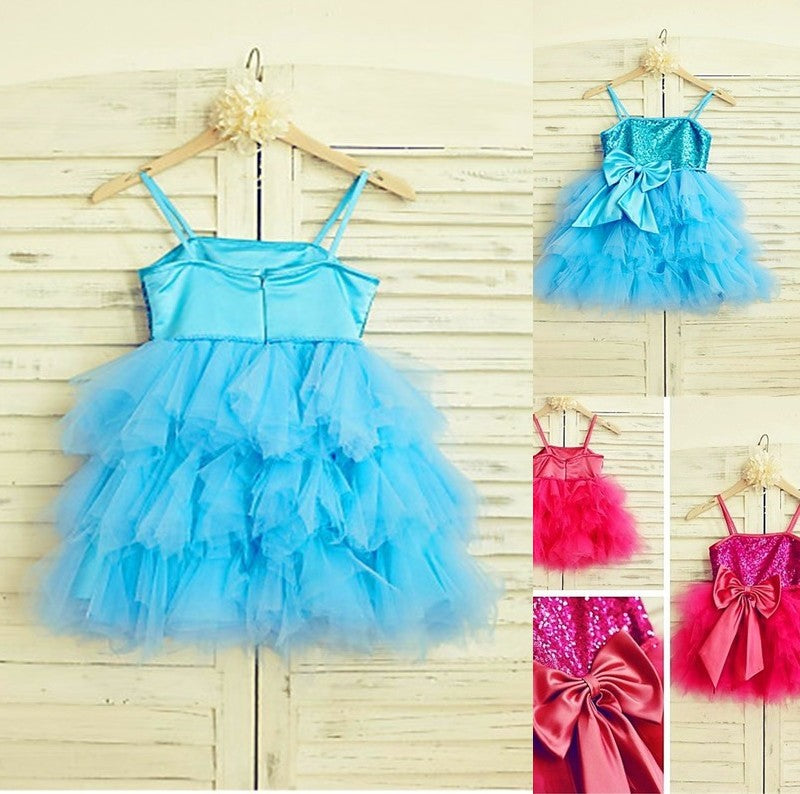 Sequin Spaghetti Tea-Length Net Sleeveless A-line/Princess Straps Flower Girl Dresses