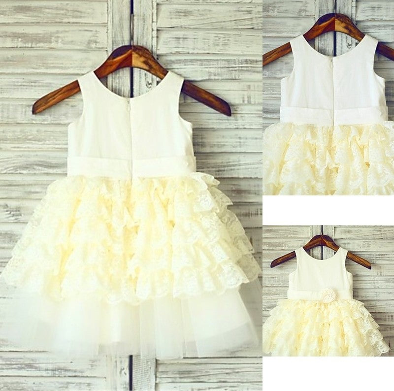 Sleeveless Ball Tea-Length Scoop Lace Gown Layers Flower Girl Dresses