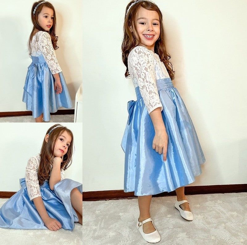 Knee-Length A-Line/Princess Scoop 3/4 Lace Taffeta Sleeves Flower Girl Dresses