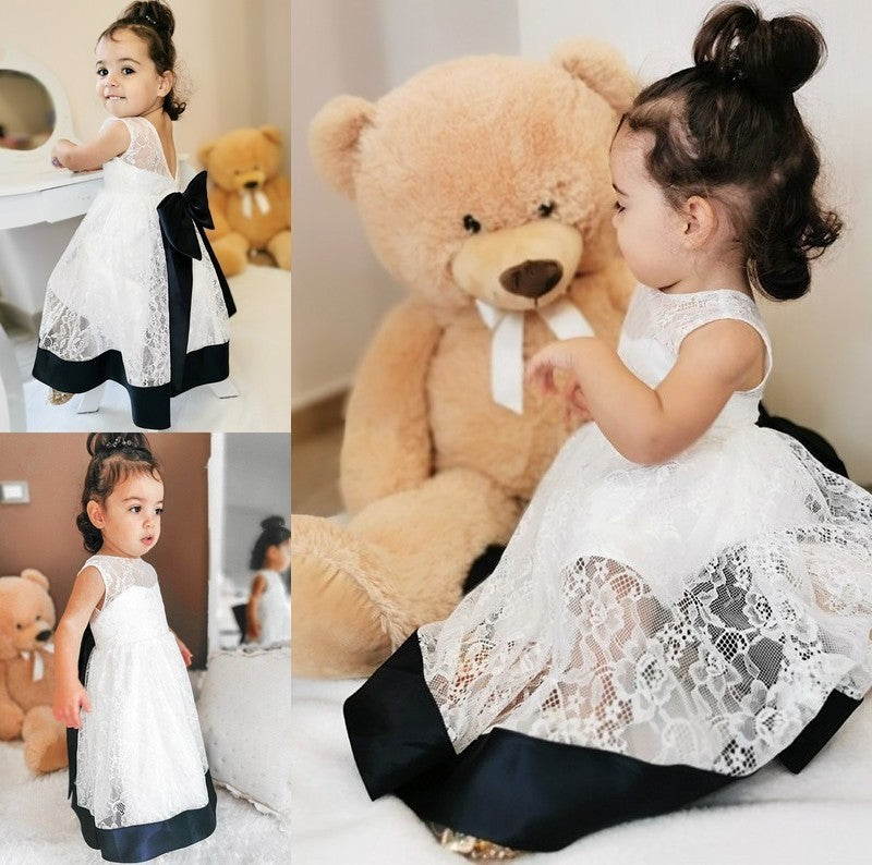 Scoop A-Line/Princess Bowknot Sleeveless Ankle-Length Lace Flower Girl Dresses