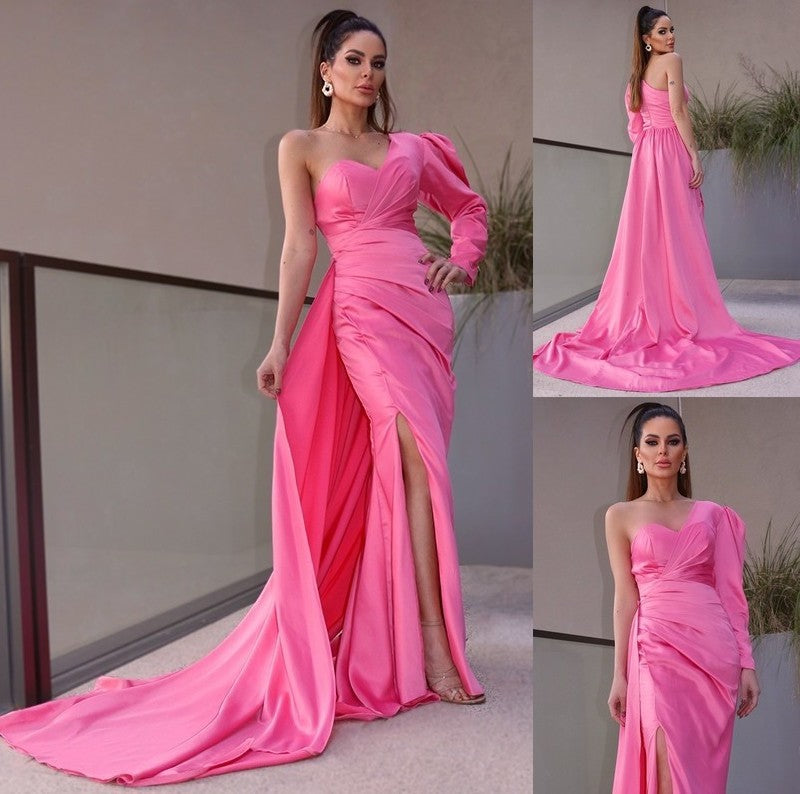 One-Shoulder Charmeuse Sheath/Column Sleeves Ruched Long Sweep/Brush Train Dresses