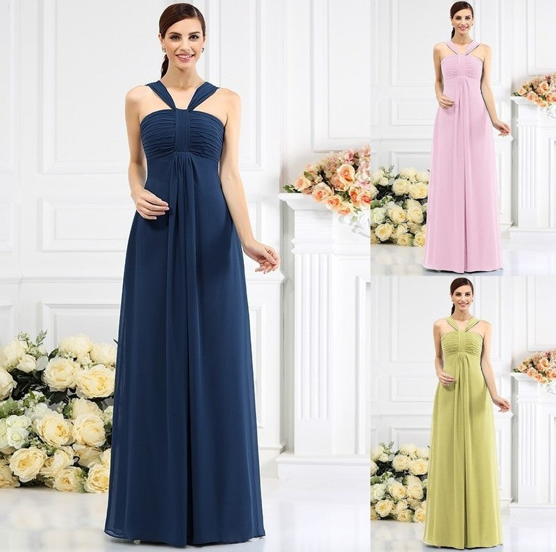 Straps Sleeveless Long A-Line/Princess Pleats Chiffon Bridesmaid Dresses