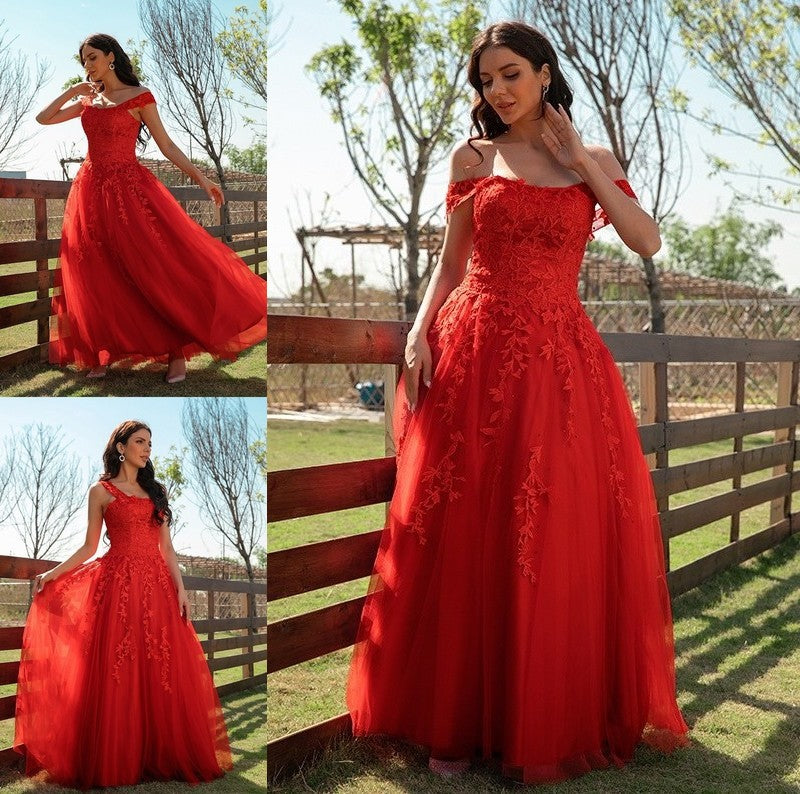 Tulle Applique A-Line/Princess Off-the-Shoulder Sleeveless Floor-Length Dresses