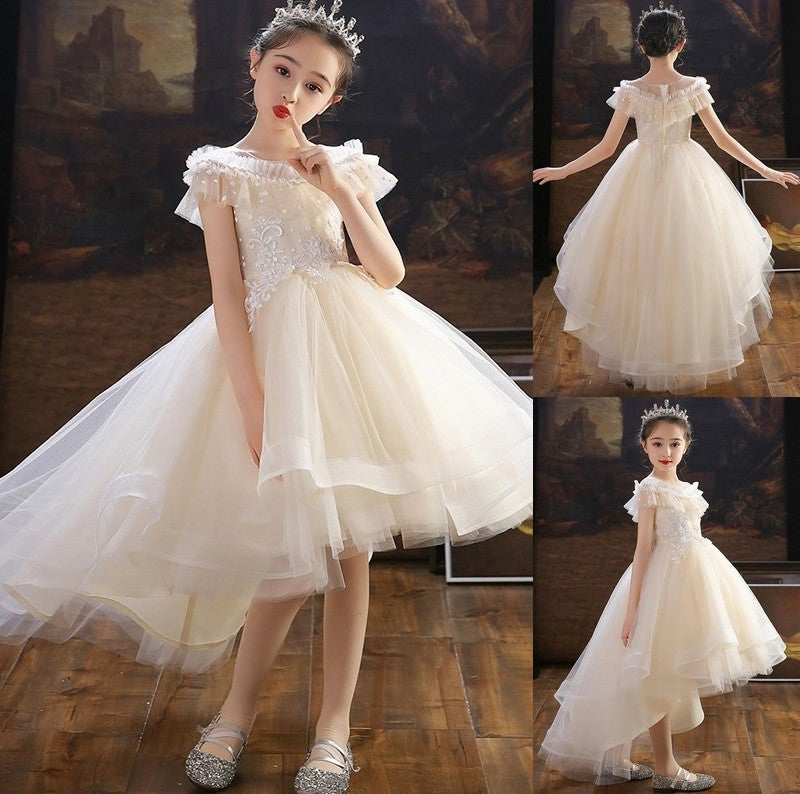 Tulle Sleeves A-Line/Princess Off-the-Shoulder Asymmetrical Applique Short Flower Girl Dresses