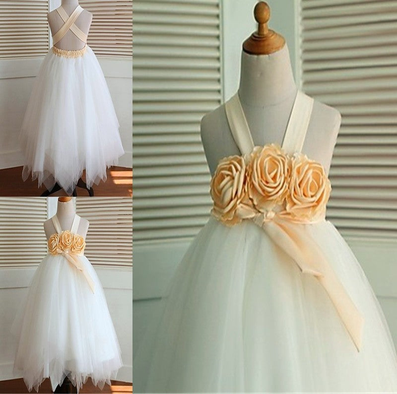 Ball Tea-Length Hand-made Straps Tulle Sleeveless Gown Flower Flower Girl Dresses