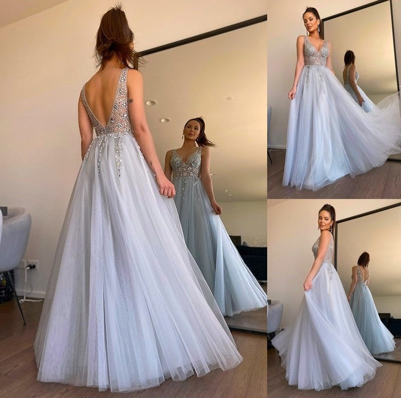 Tulle Beading A-Line/Princess V-neck Sleeveless Floor-Length Dresses