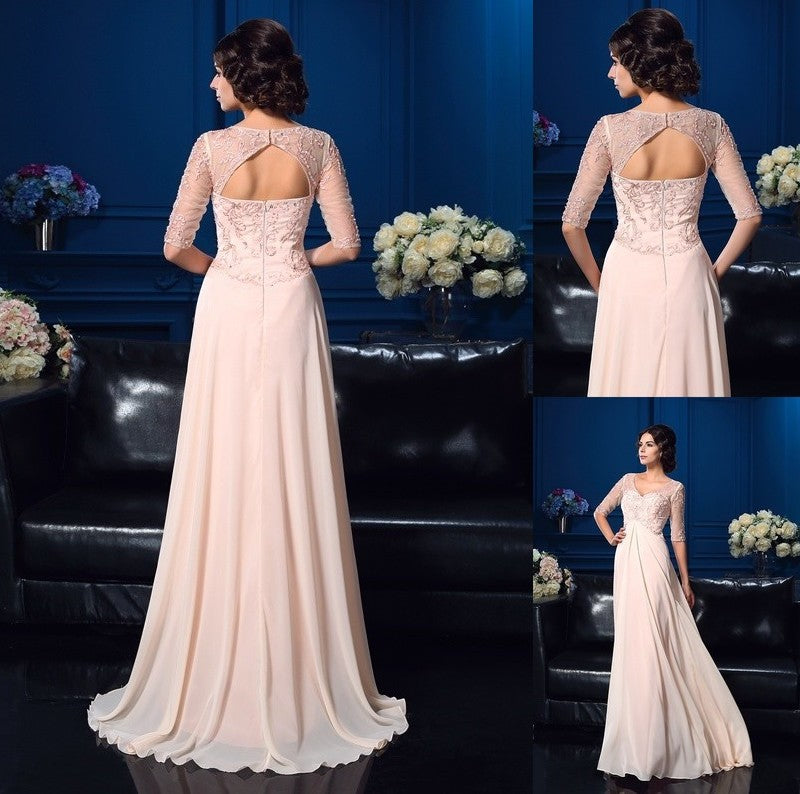 Beading A-Line/Princess Long V-neck Chiffon Sleeves 1/2 Mother of the Bride Dresses