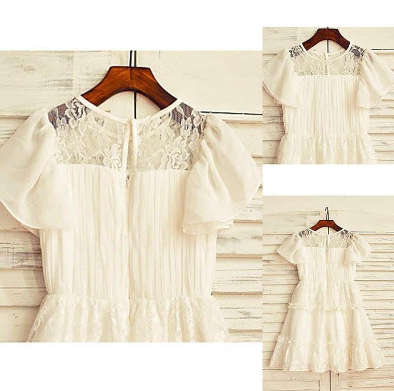 Scoop Chiffon Tea-Length Sleeves Short Lace A-line/Princess Flower Girl Dresses