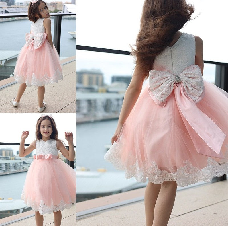 Sleeveless Short/Mini Bowknot A-Line/Princess Lace Scoop Flower Girl Dresses