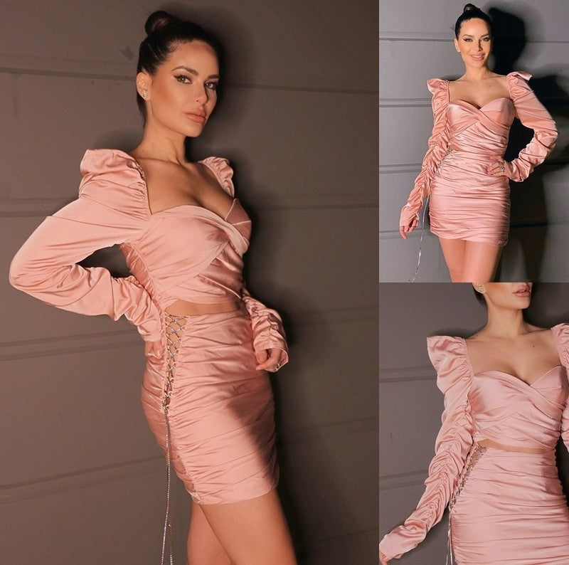 Charmeuse Sheath/Column Ruched Sweetheart Long Sleeves Short/Mini Homecoming Dresses