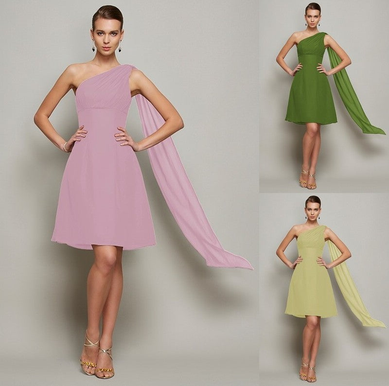 A-Line/Princess One-Shoulder Sleeveless Short Pleats Chiffon Bridesmaid Dresses