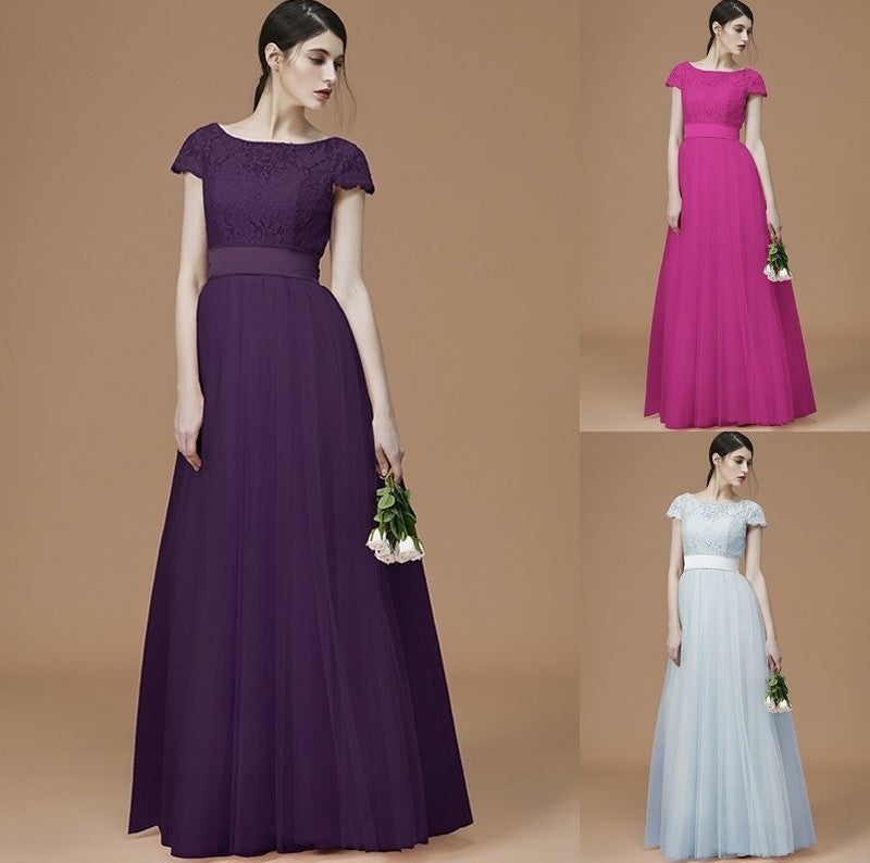 Sleeves Sash/Ribbon/Belt Short A-Line/Princess Bateau Floor-Length Tulle Bridesmaid Dresses