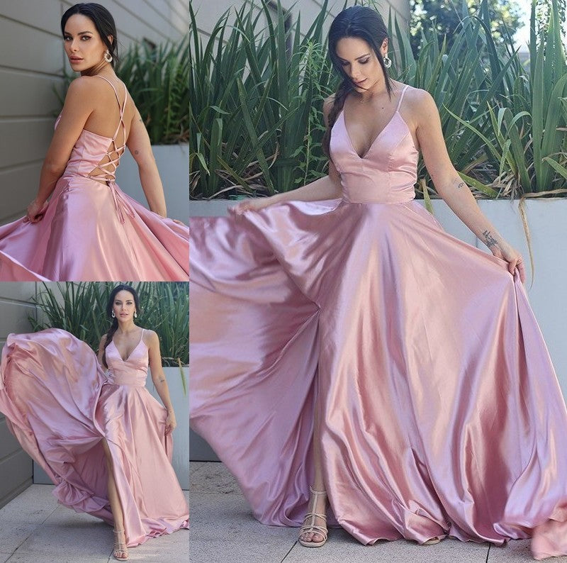 like Sleeveless V-neck Silk Ruffles Satin A-Line/Princess Sweep/Brush Train Dresses