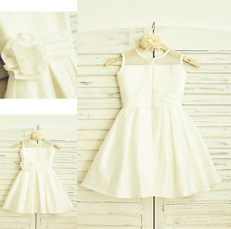 Tea-Length Hand-made Scoop Sleeveless A-line/Princess Flower Chiffon Flower Girl Dresses