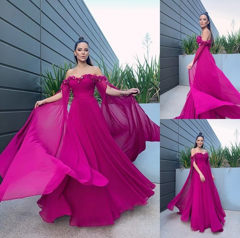 Long A-Line/Princess Sleeves Chiffon Floor-Length Ruffles Off-the-Shoulder Dresses