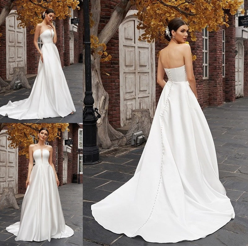 Strapless Satin A-Line/Princess Ruffles Sleeveless Sweep/Brush Train Wedding Dresses