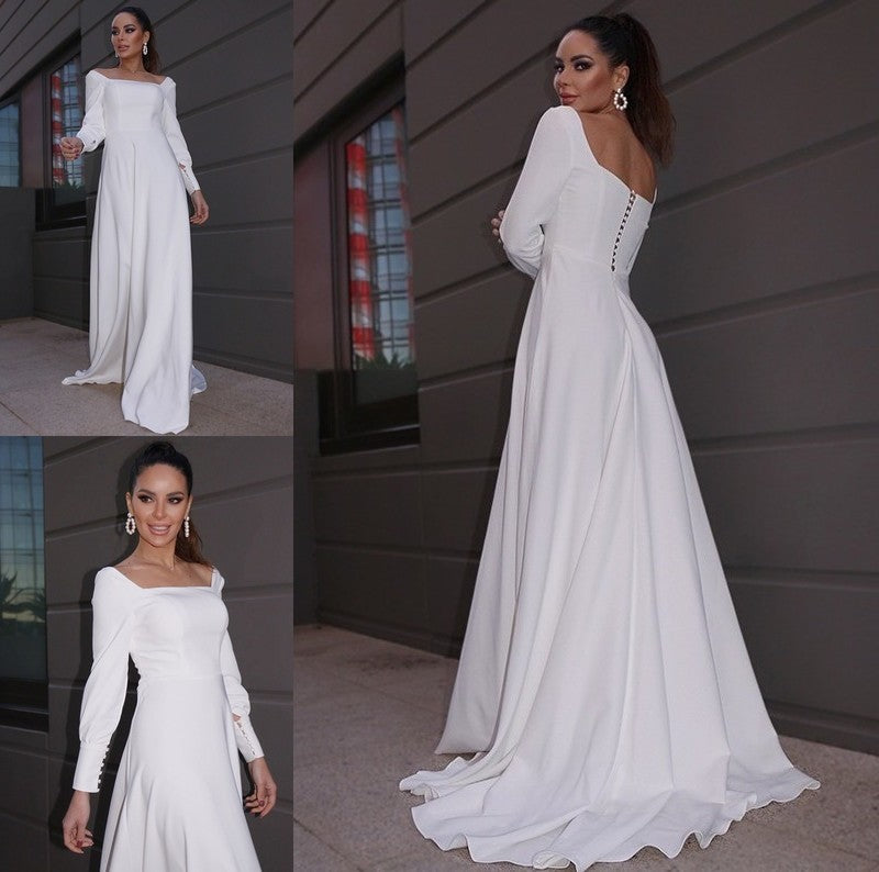 A-Line/Princess Crepe Sleeves Long Ruffles Square Stretch Sweep/Brush Train Wedding Dresses