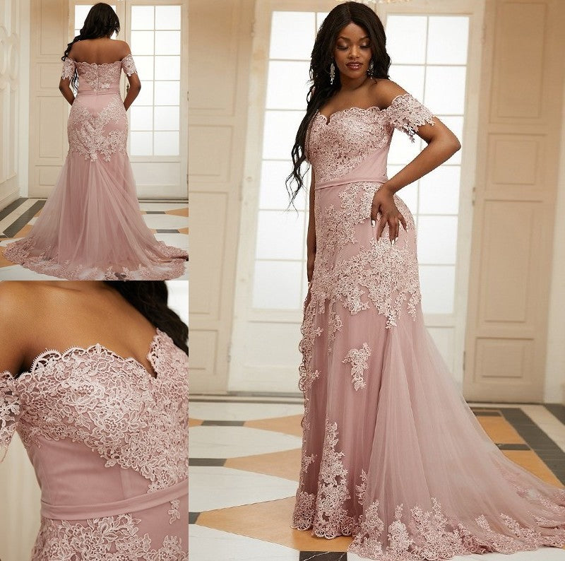 Applique Sheath/Column Sleeveless Tulle Off-the-Shoulder Sweep/Brush Train Dresses