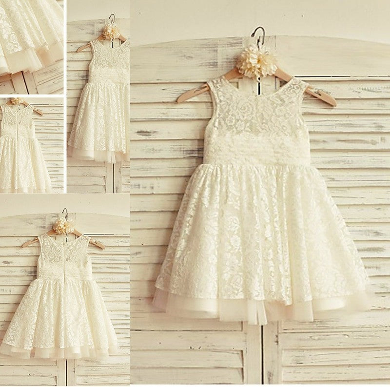 Tea-Length Lace Sleeveless A-line/Princess Scoop Ruffles Flower Girl Dresses