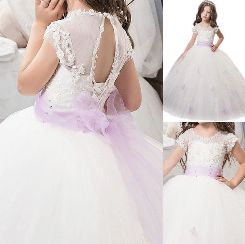 Jewel Sleeves Gown Tulle Floor-Length Short Sash/Ribbon/Belt Ball Flower Girl Dresses