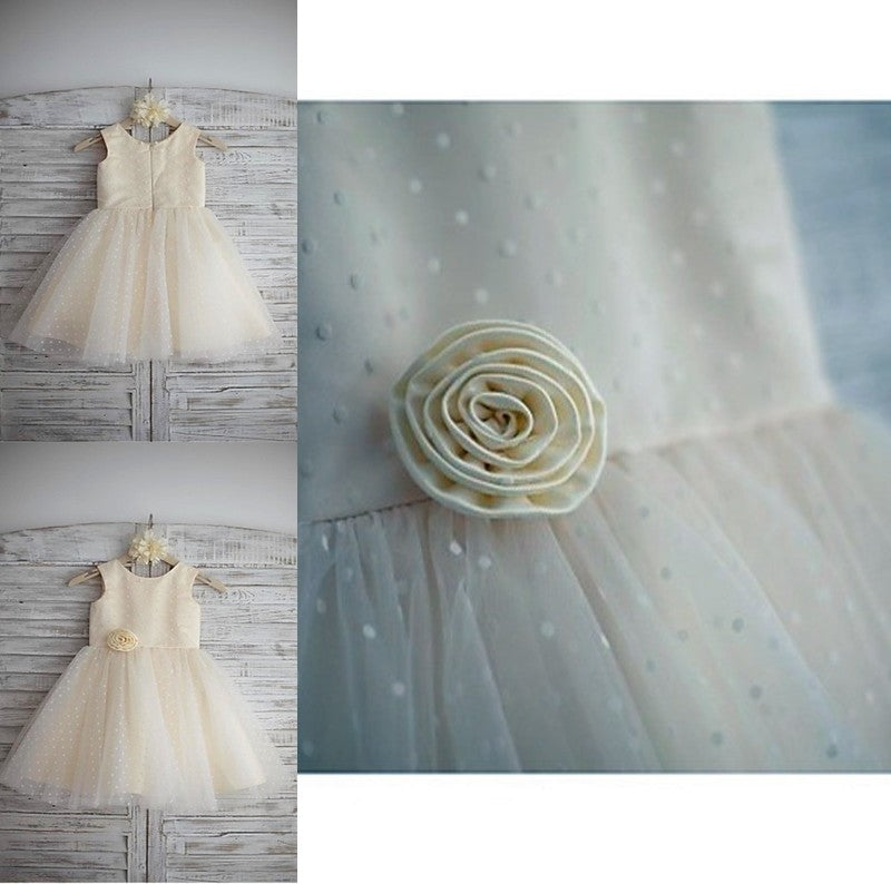 Tulle Sleeveless Scoop A-line/Princess Flower Hand-made Tea-Length Flower Girl Dresses