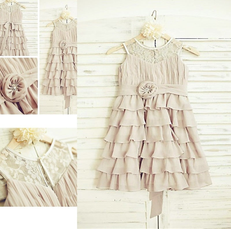 Ruffles Chiffon Scoop A-line/Princess Sleeveless Tea-Length Flower Girl Dresses