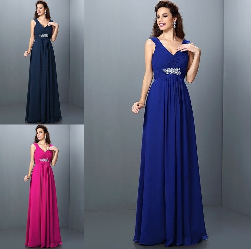 Long Beading A-Line/Princess Sleeveless Pleats V-neck Chiffon Bridesmaid Dresses