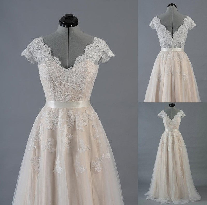 V-neck Applique Sleeveless Floor-Length A-Line/Princess Lace Wedding Dresses