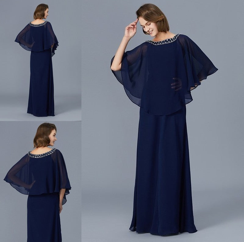 Sleeves Sheath/Column Floor-Length Mother of Scoop Beading Long Chiffon the Bride Dresses