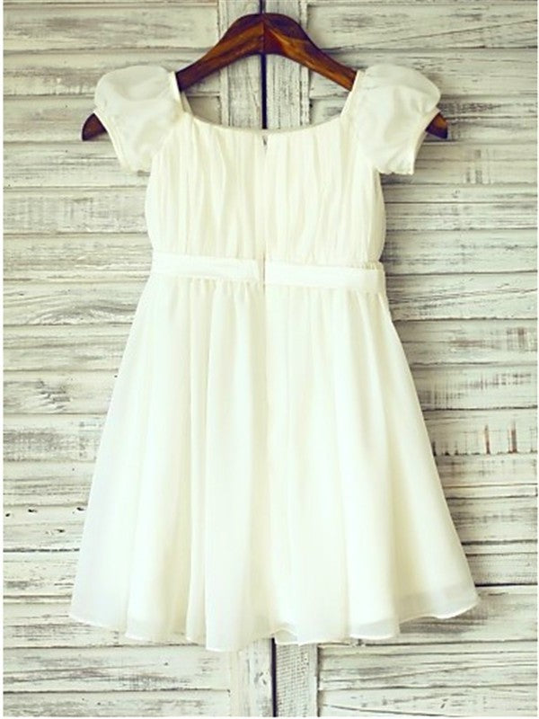 Chiffon A-line/Princess Tea-Length Ruched Short Square Sleeves Flower Girl Dresses