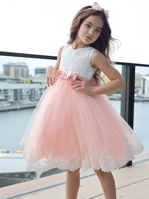 Sleeveless Short/Mini Bowknot A-Line/Princess Lace Scoop Flower Girl Dresses