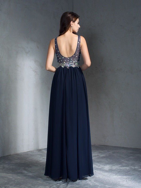 A-Line/Princess V-neck Sleeveless Beading Long Chiffon Dresses