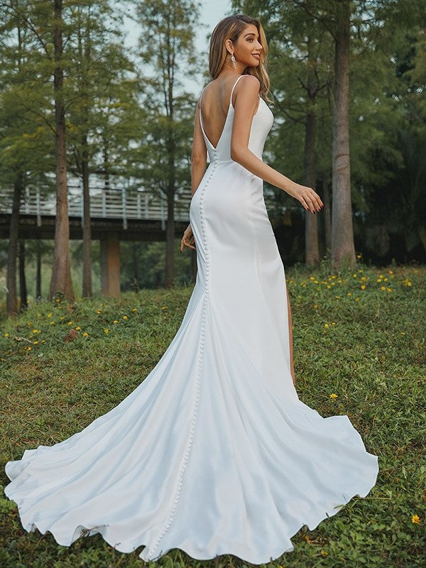 Charmeuse Spaghetti Sweep/Brush Straps Sheath/Column Ruched Sleeveless Train Wedding Dresses