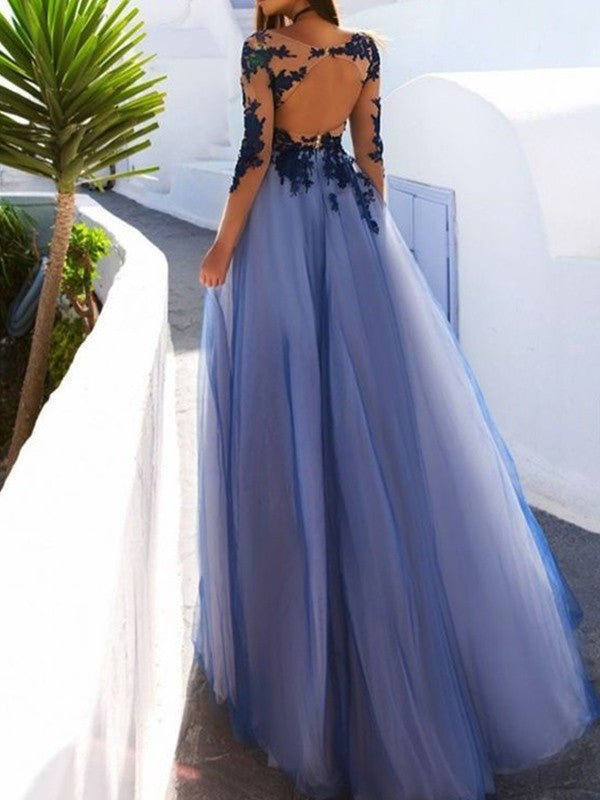 A-Line With Sleeves Long Floor-Length Scoop Applique Tulle Dresses