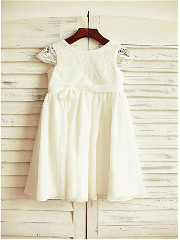 Lace Chiffon Sleeves Short Tea-Length Scoop A-line/Princess Flower Girl Dresses