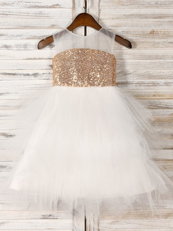 A-Line/Princess Tulle Tea-Length Sleeveless Paillette Scoop Flower Girl Dresses