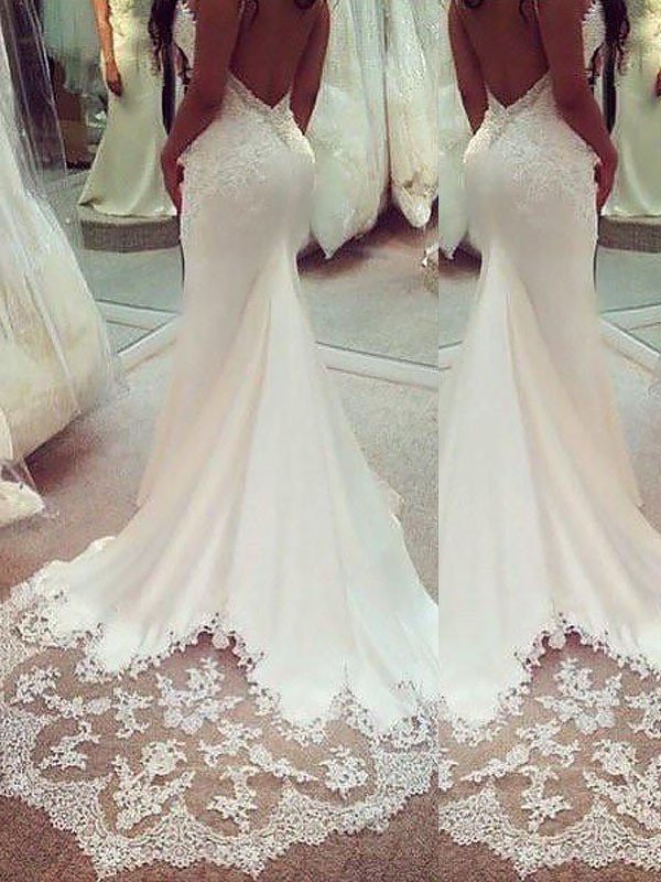 Spaghetti Straps Trumpet/Mermaid Applique Sleeveless Court Satin Train Wedding Dresses