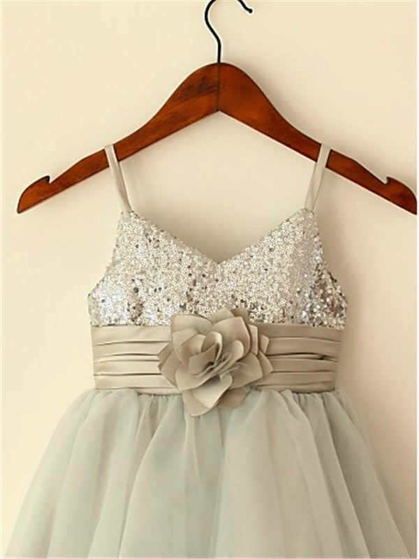 Tulle Tea-Length Straps Sequin A-line/Princess Sleeveless Spaghetti Flower Girl Dresses