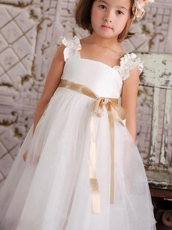 Sleeveless Sash/Ribbon/Belt Straps Tulle Ankle-Length A-Line/Princess Flower Girl Dresses