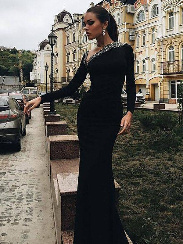 One-Shoulder Spandex Trumpet/Mermaid Long Sleeves Beading Sweep/Brush Train Dresses