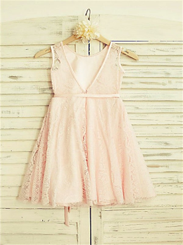 A-line/Princess Scoop Sash/Ribbon/Belt Tea-Length Lace Sleeveless Flower Girl Dresses