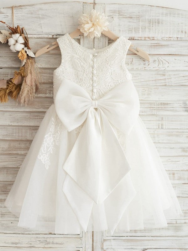 Tulle Sleeveless Scoop A-Line/Princess Knee-Length Lace Flower Girl Dresses