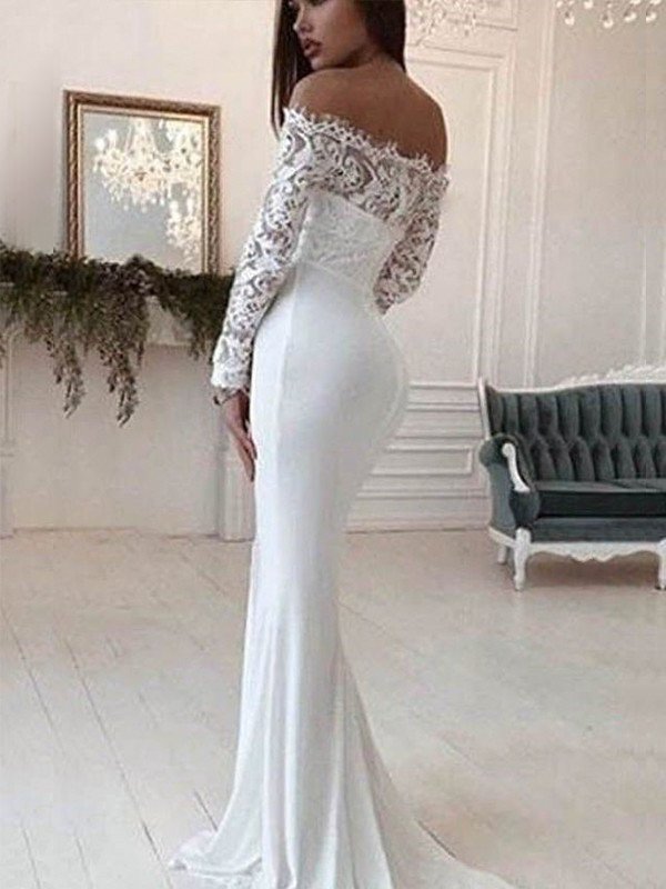 Trumpet/Mermaid Long Court Train Off-the-Shoulder Sleeves Lace Chiffon Wedding Dresses