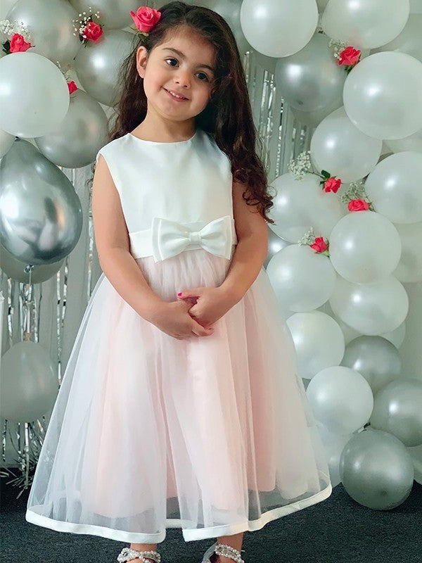 Sleeveless Tea-Length Bowknot Organza A-Line/Princess Scoop Flower Girl Dresses