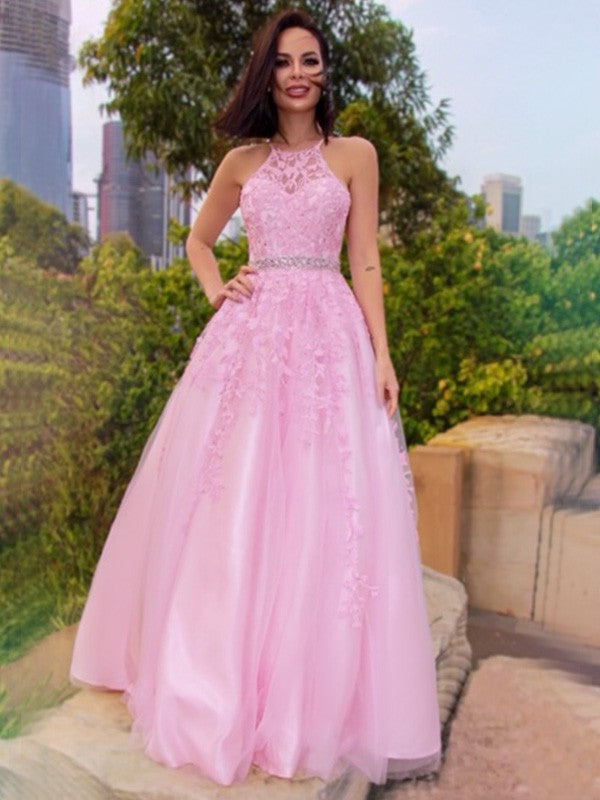 Halter A-Line/Princess Tulle Applique Sleeveless Floor-Length Dresses