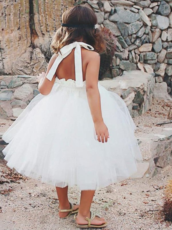 Halter Tea-Length A-Line/Princess Ruffles Sleeveless Tulle Flower Girl Dresses