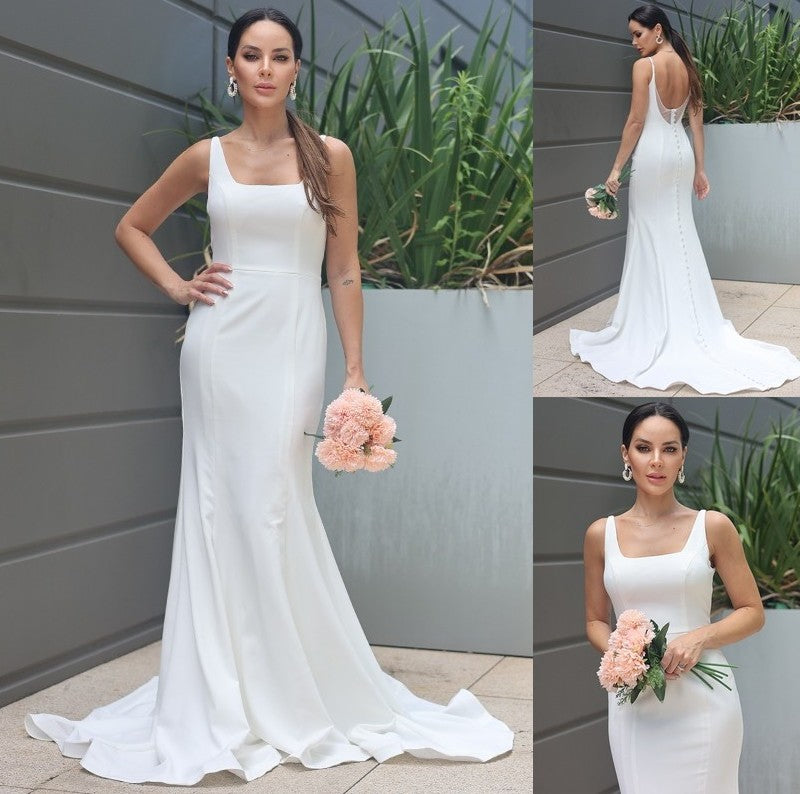 Straps Ruffles Stretch Sleeveless Sweep/Brush Sheath/Column Crepe Train Wedding Dresses