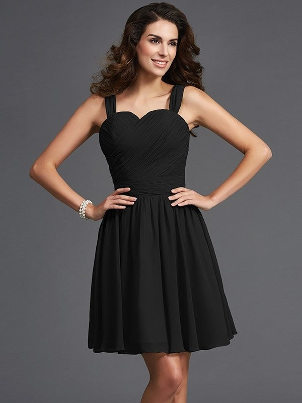 Straps Short Sleeveless A-Line/Princess like Ruffles Silk Satin Bridesmaid Dresses